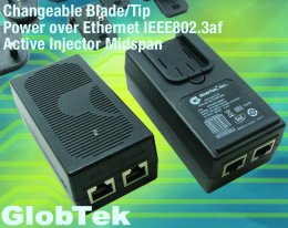 Wall Plug In Changeable Blade/Tip Power over Ethernet IEEE802.3af PoE Active Injector Midspan provides a single, stock/standard off the shelf, low cost solution for Global PoE enabled product distribution, Model GT-91085-1548